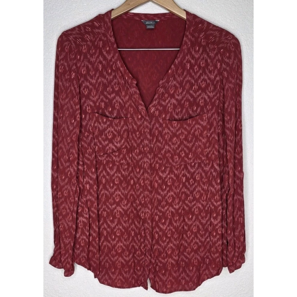 Eddie Bauer Women L Ikat Button Up Shirt Red Boho Flowy Rayon Top Lightweight